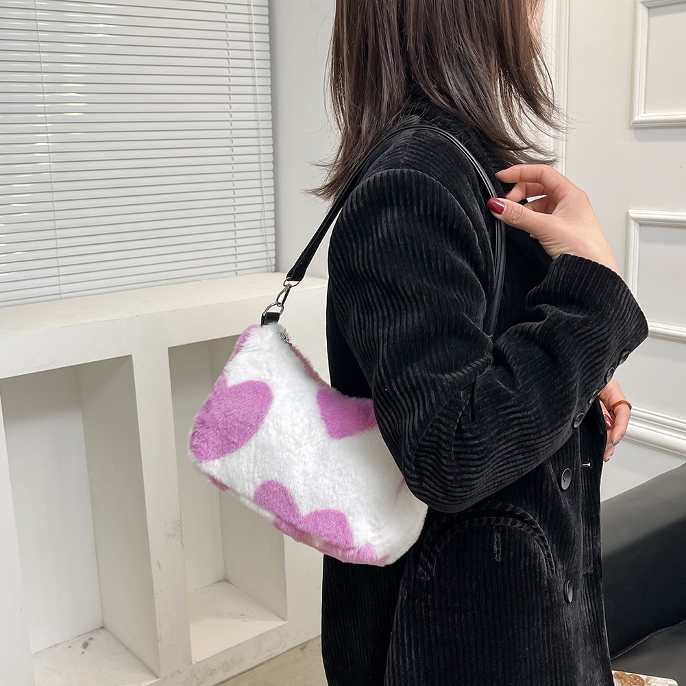 Women Fashion Winter Love Heart Print Underarm Bags Leopard Zebra Pattern Shoulder Bags Female Soft Plush Warm Fluffy Tote Bags