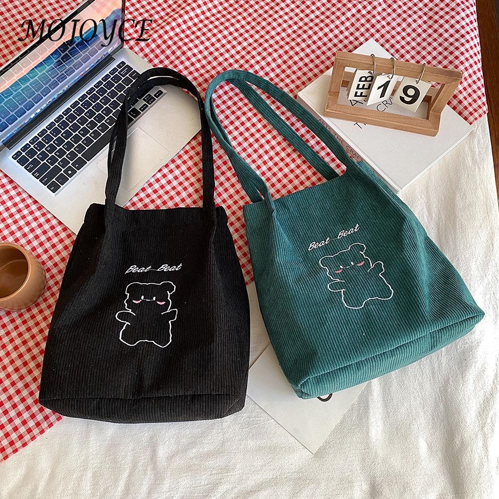 Female Creative Fashion Shoulder Bag Bear Print Corduroy Shopping Underarm Large Capacity Daily Women Bags