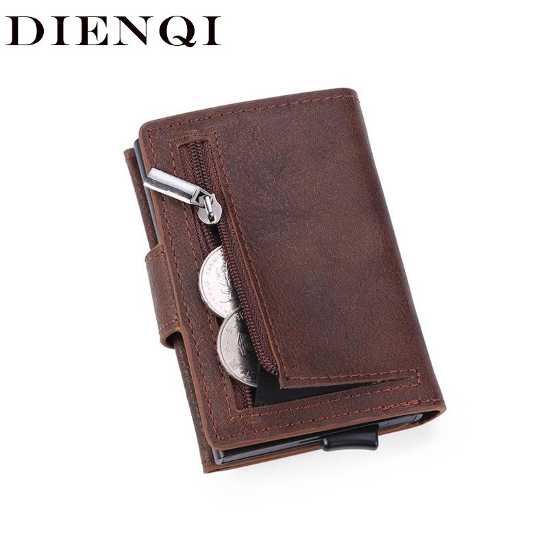 DIENQI Rfid Blocking Card Holder Men Wallets Slim Thin Leather Metal Magic Smart Wallet Male Coin Purse Coffee Wallets for Men