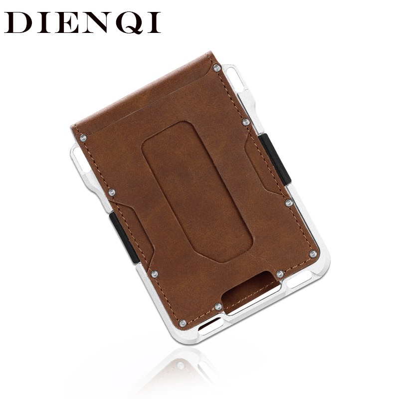 DIENQI RFID Aluminum Metal Wallets Men Card Holder Small Short Magic Wallet Money Bag Vintage Male Treble Leather Magic Wallet