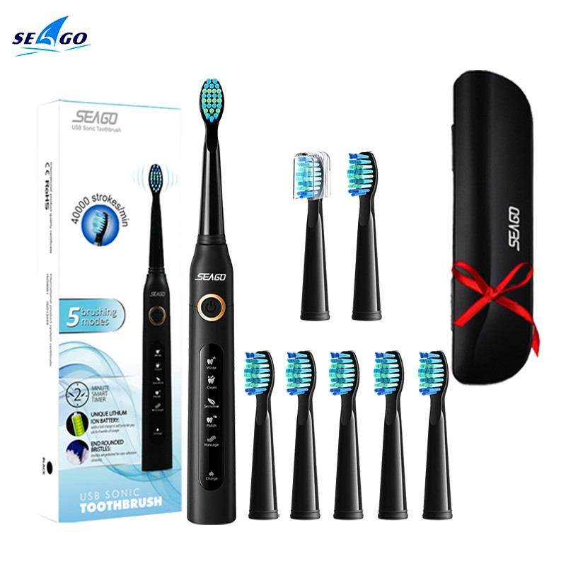 Seago Sonic Electric Toothbrush SG-507 Adult Timer Brush 5 Modes USB Charger Rechargeable Toothbrush Replacement Heads Set