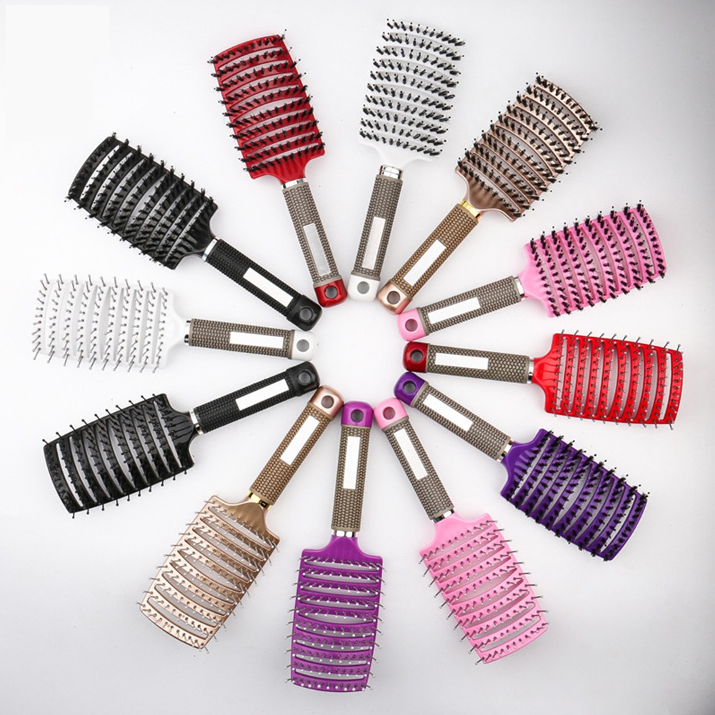 Boar Hair Brush Curved Hair Comb Vent Hairdressing Detangling Thick Hair Massage Blow Drying Hair Comb Brush