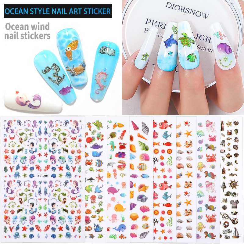 LEAMX Ocean Cute Glitter Laser Nail Art Marine Animal Shell Turtle Fish Starfish Nail Sticker Slider 9D Nail Sticker Decoration