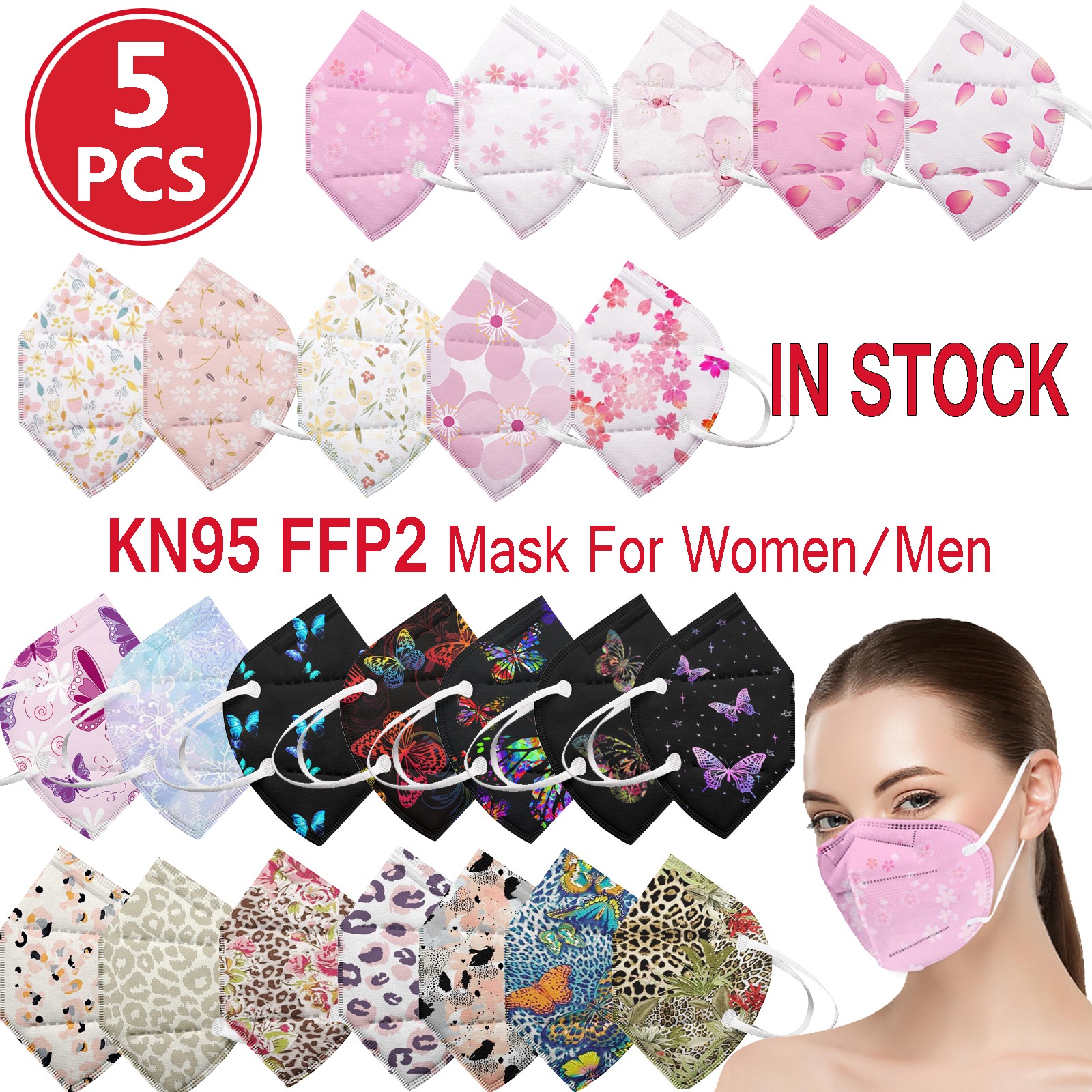 5pcs Adult Mask Kn95 Cherry Blossom Fpp2 Approved Mouth Mask Floral Face Mask 5ply Filter Protection Mask mascarilla ffp2