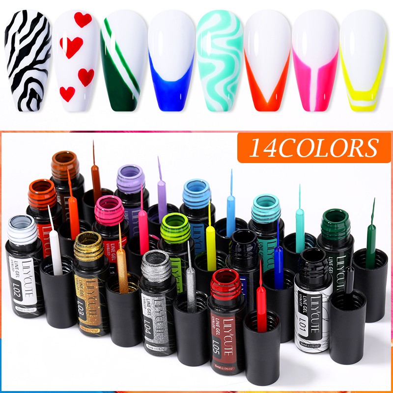 LILYCUTE 14 Colors 5ml Polish Line Gel Kit Nail Art Design UV/LED Nail Polish Drawing Polish DIY Painting Varnish Liner Gel