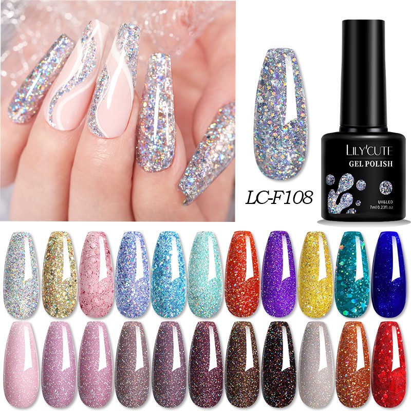 LILYCUTE 7ml Glitter Gel Nail Polish Laser Sequins Soak Off UV Gel Semi Permanent Colored Nails Gel Polish DIY Nail Art Esmalte