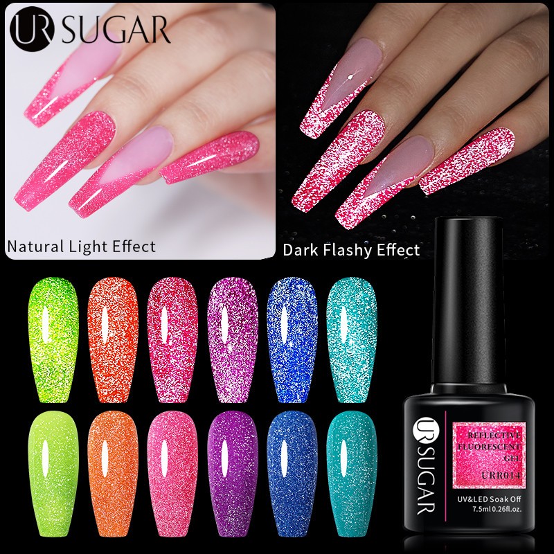 ur sugar fluorescent reflective gel nail polish neon yellow pink red glitter semi permanent soak off uv led nail polish