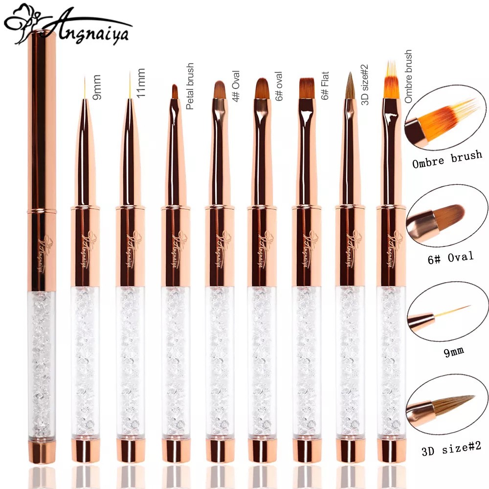 ANGNYA 9pcs/set Rose Gold Nail Art UV Gel Brush Set Pen Nail Art Builder Flat Crystal Painting Drawing Carving Pen Manicure Tool