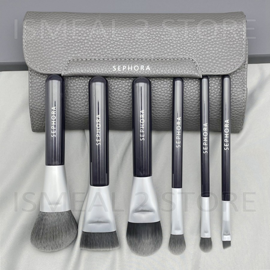 Sephora 6Pcs Set Makeup Brushes With Bag, Charcoal Infused Concealer Loose Powder Precision Sweep Foundation Eyeliner Brush Kit