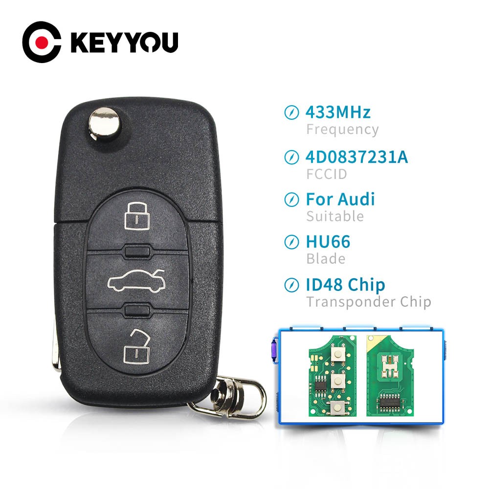 KEYYOU For Audi A3 A4 A6 A8 B5 TT RS4 Quattro 1994 - 2004 الموديلات القديمة 433Mhz ID48 رقاقة HU66 شفرة مفتاح السيارة عن بعد 3 أزرار