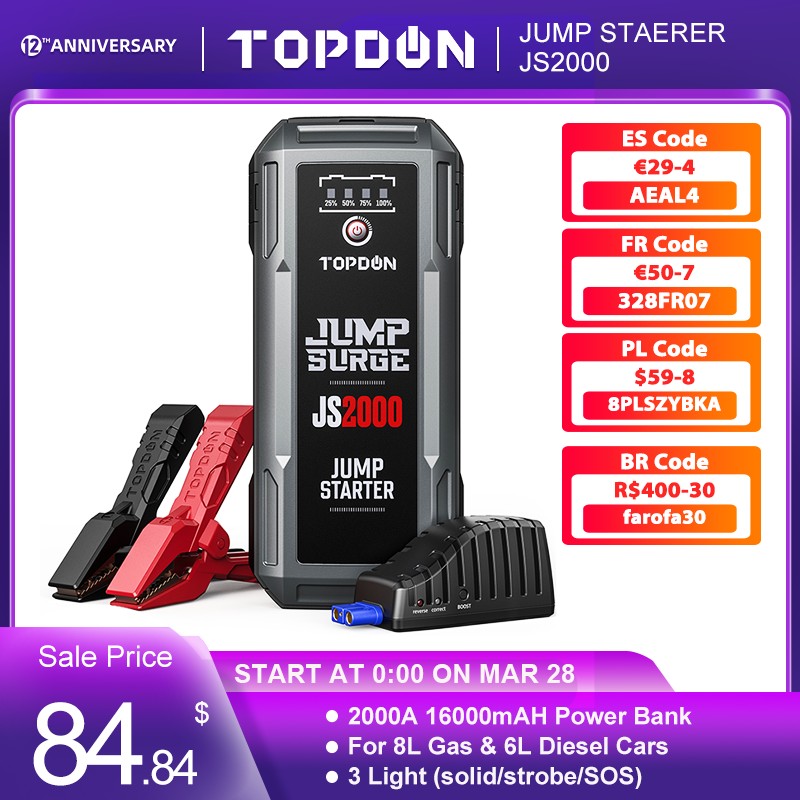 Topdon 2000A/1200A Jump Starter 12V Car Starting Device 16000Mah Power Tank Battery Starting Launcher for Car Booster JS2000/JS1200