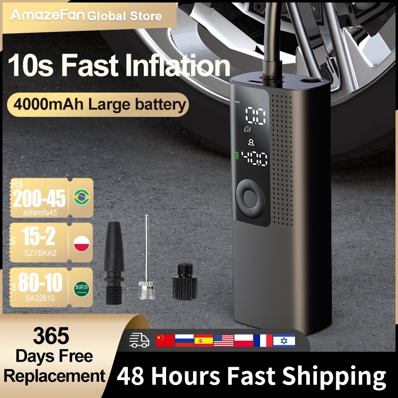 4000mAh Car Electric Air Pump S 10 Quick Inflation Portable Wireless Tire Inflator PSI 150 Air Compressor Motorcycle Bicycle Ball