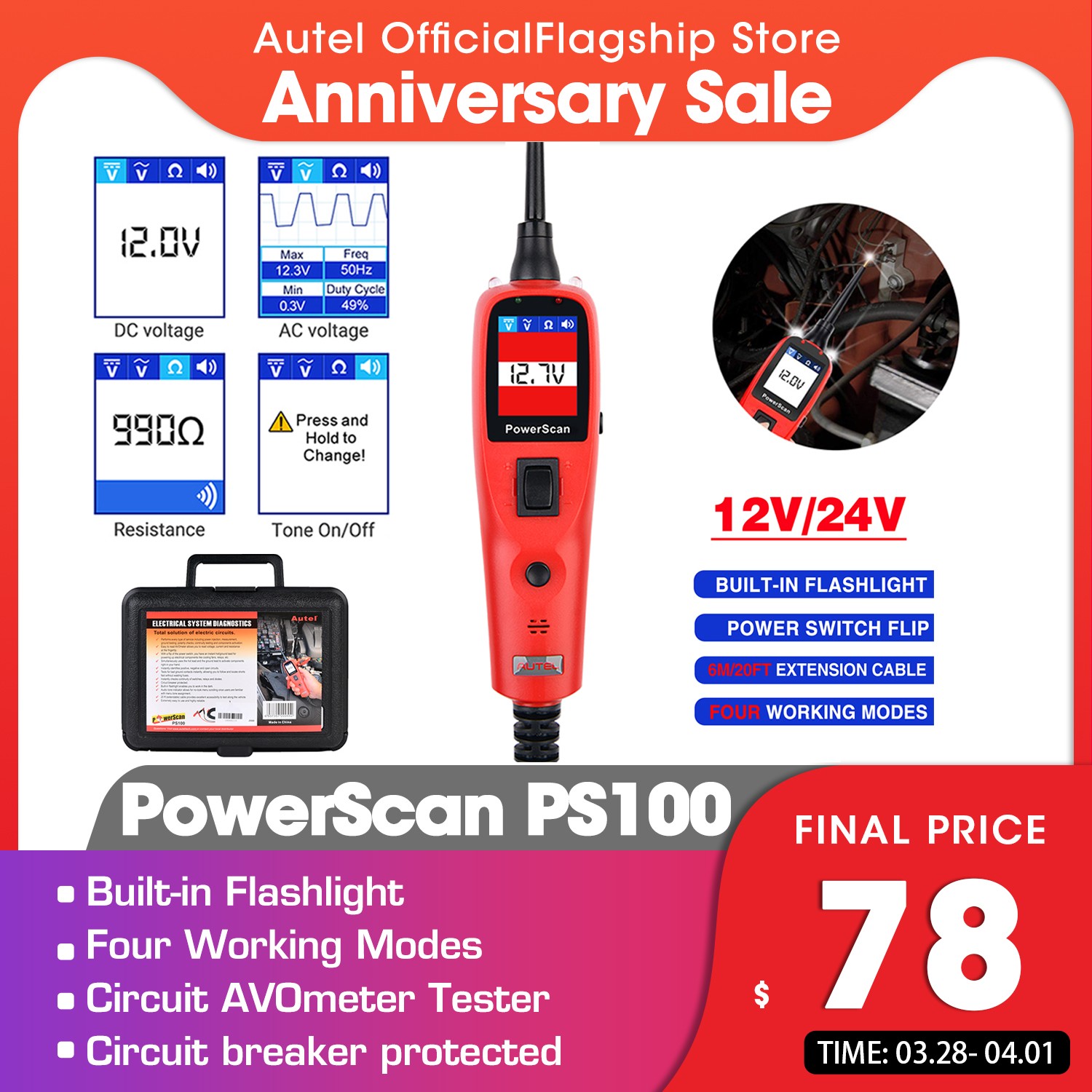 Autel Power Scan PS100 Auto Electrical Circuit Avmeter Tester Automotive Diagnostic System Diagnostic Tool Kit Circuit Probe 12V/24V