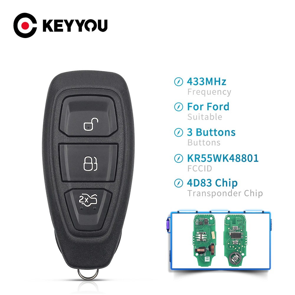 KEYYOU - Smart Remote Control Keyless Entry for Ford, Remote Control for Ford Focus C-Max Mondeo Kuga Fiesta B-Max 433/434Mhz 4D63 80Bit