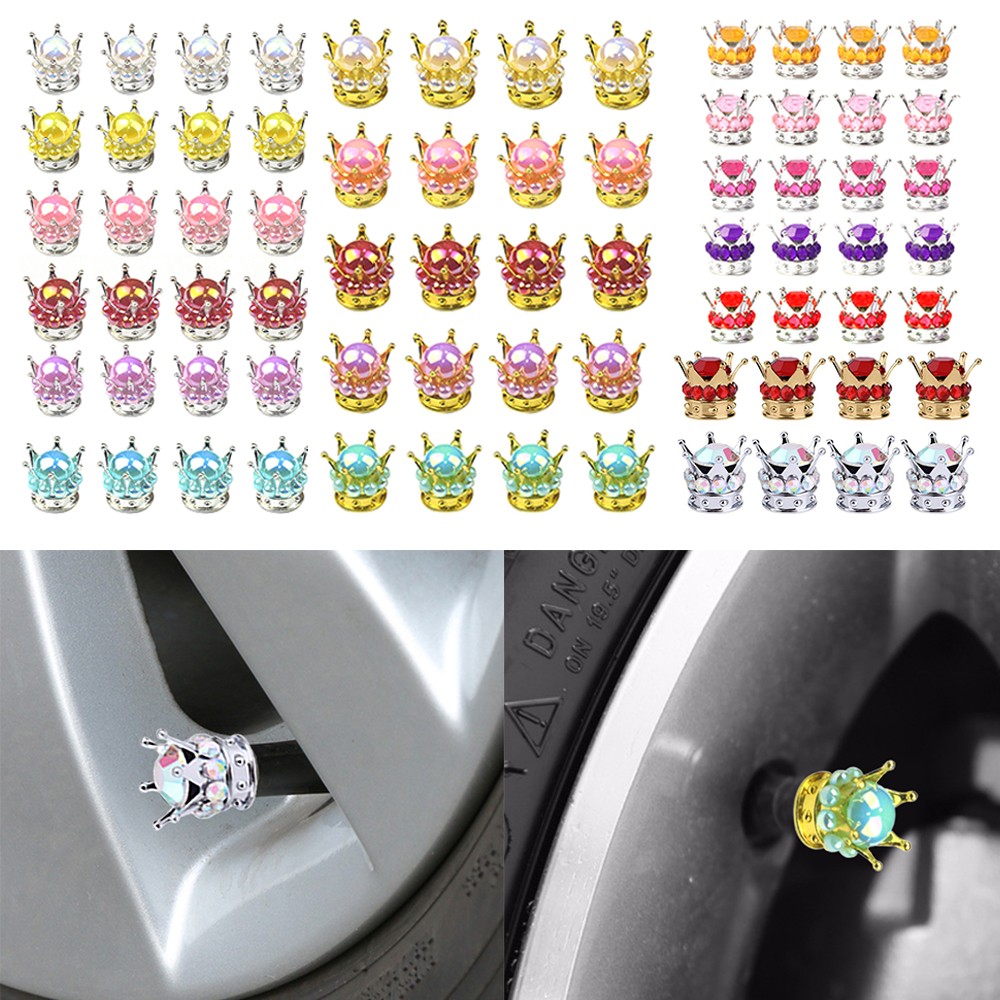 4pcs Car Wheel Air Valve Cover Tire Rhinestone Crown Pattern Brass Core Auto Truck Tire Rim Stem Dust Cover Air Universal Accessories