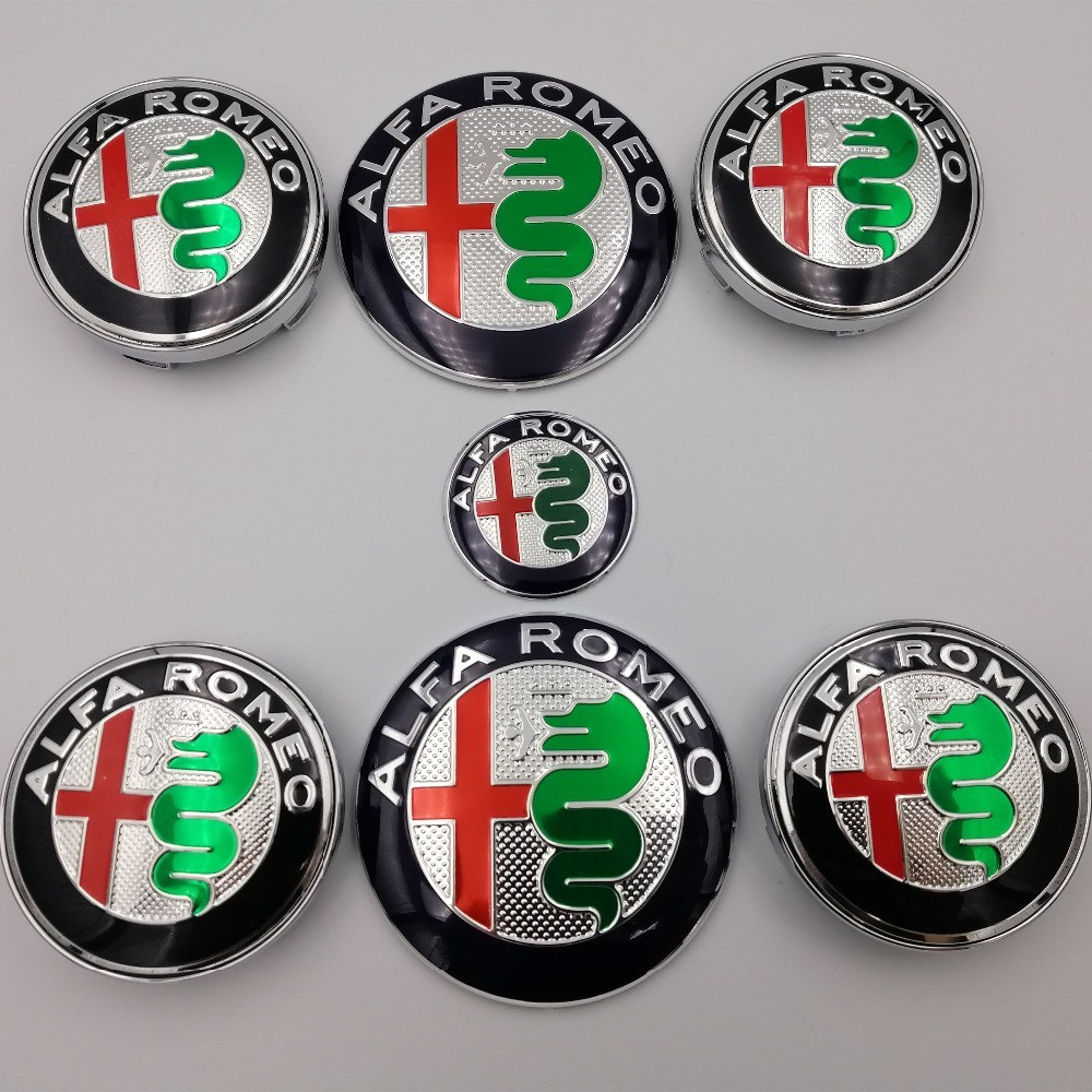 7pcs New Alfa Romeo Emblem 74mm Hood Trunk Steering Wheel Badge 60mm Center Cap Wheel Logo Brera 159 SW New Spider Giulietta