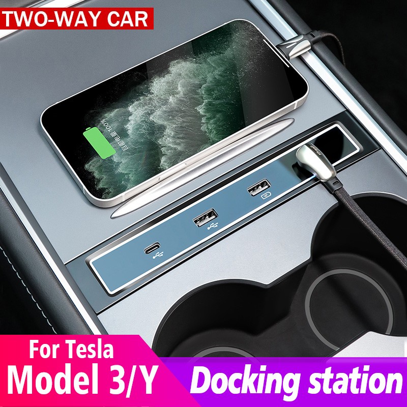 For Tesla 2021-2022 Model 3 Model Y 27W Intelligent Fast Charger Docking Station USB Ext Hub Interior Decoration Accessories