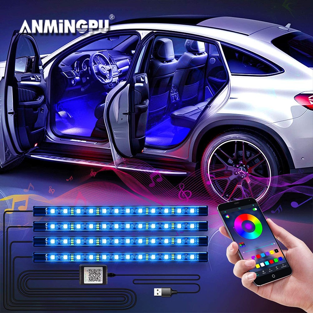 ANMINGPU Neon LED Car Ambient Foot Light with USB Wireless APP Remote Music Control Auto LED Interior Atmosphere Decorative Lamp