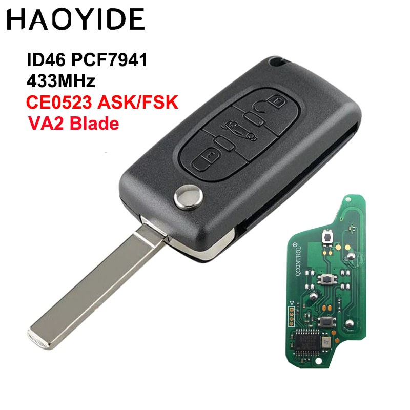 HAOYIDE Remote Key For Citroen C5 C4 C3 C2 Berlingo Picasso Auto Lock (CE0523 ASK/FSK) 3 Buttons VA2 Blade