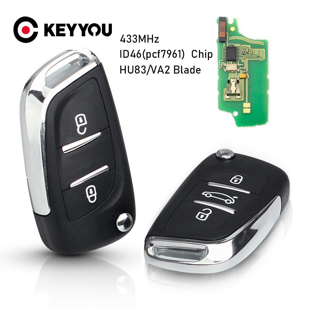 KEYYOU - Car Remote Key, FSK 433Mhz ID46, Ce0536 Blade, For Peugeot 407, 407, 307, Citroen C2, C3, C4, C5, C6, C8, 2/3 Buttons VA2/HCA