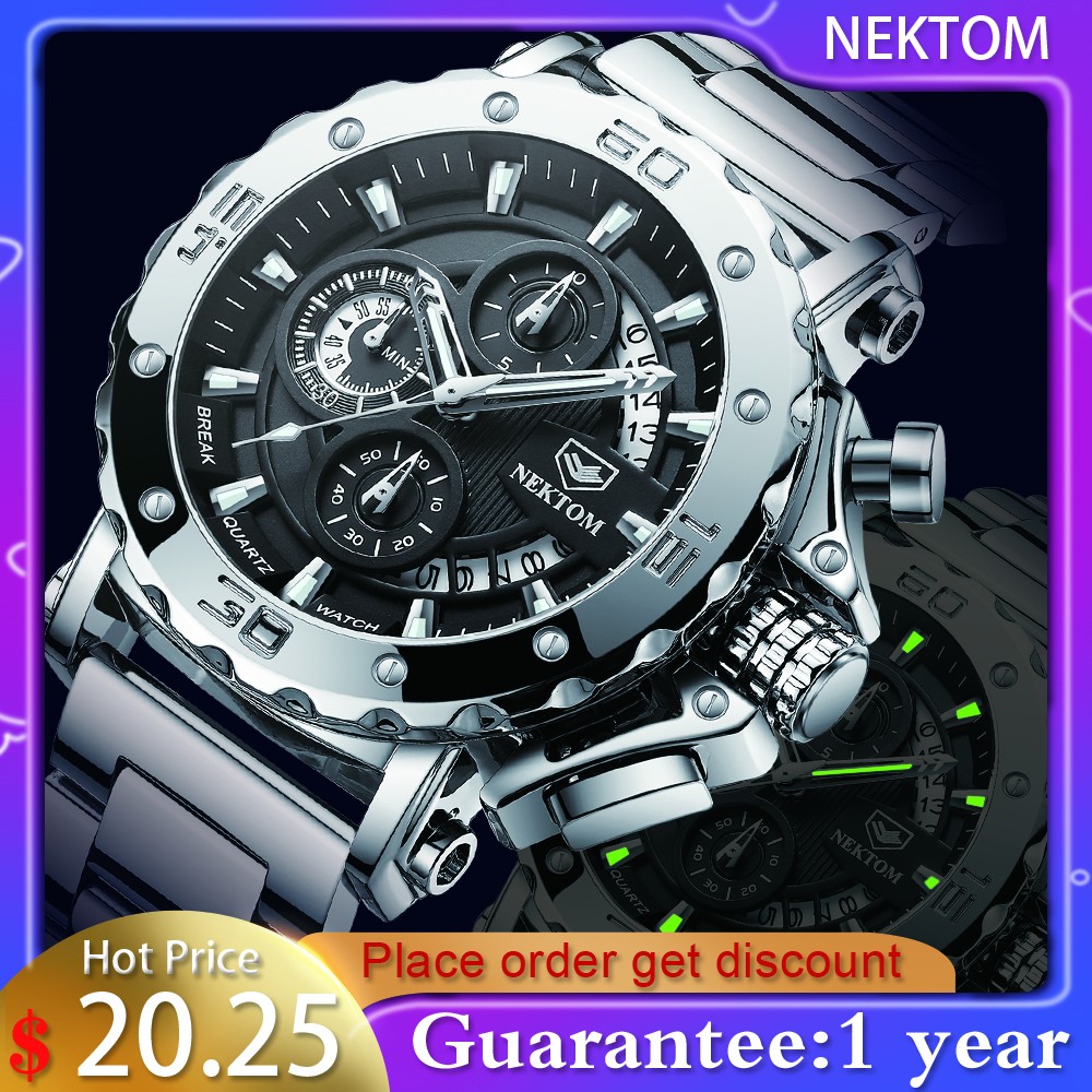 NEKTOM Men's Watches Quartz Watch Waterproof Watches Steel Strap Wristwatch Watches for Men Military Watch Clock Sports Watches