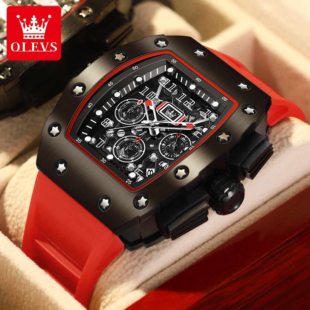 OLEVS Men's Watch Tonneau Wristwatch Quartz Hollow Out Watches Waterproof Stylish Design With Silicone Strap