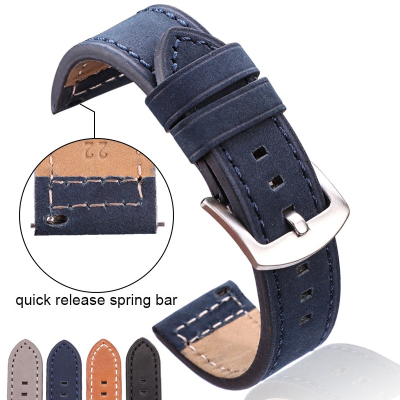 HENGRC Genuine Leather Watches Bracelet Black Blue Gray Brown Cowhide Watch Strap for Women Men 18 20mm 22mm 24mm Wrist Band