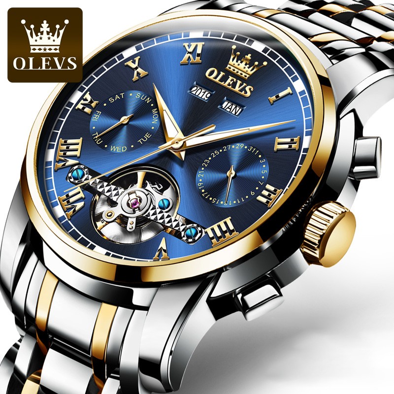 OLEVS Automatic Mechanical Men Watches Stainless Steel Waterproof Date Week Green Fascio Classic Wristwatches Reloj Hombre