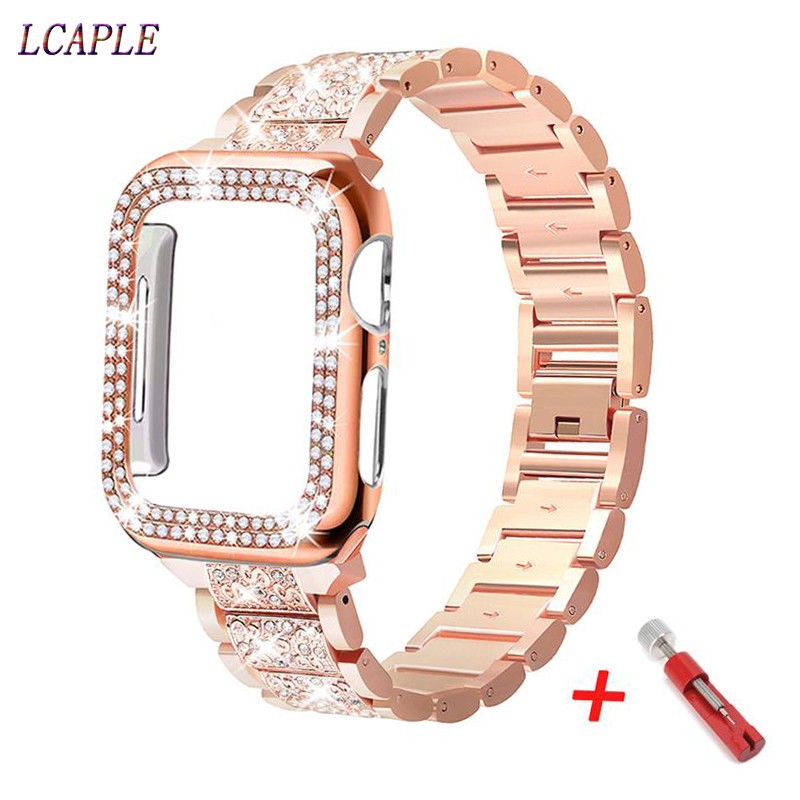 diamond case + strap for apple watch band 45mm 41mm 44mm 40mm 42mm 38mm stainless steel bracelet korea cover iwatch 5 4 3 SE 6 7