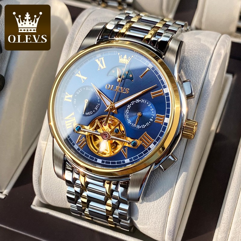 OLEVS-Men's Mechanical Watch, Classic, Water Resistant, Stainless Steel, Skeleton, Mechanical