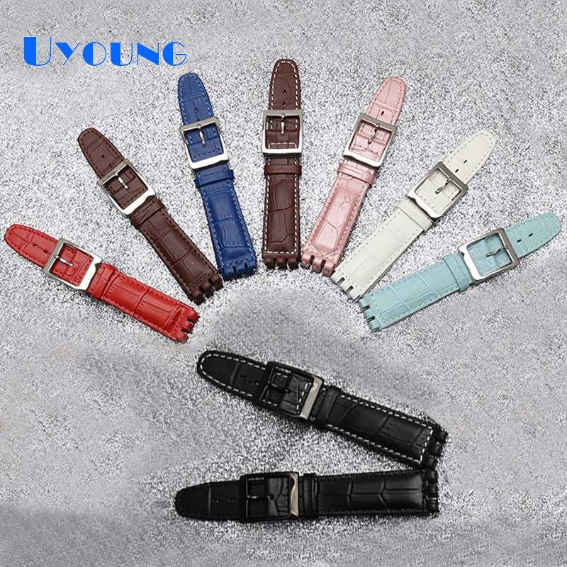 High Quality Luxury 17mm 19mm Waterproof Genuine Leather Watch Strap Band for Swatch Crocodile Pattern Leather Strap Men Blue Red