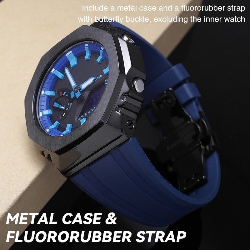 Casioak 1rd Fashion Kit for GA2100 Metal Watch Case Fluororobber Strap 316 Stainless Steel Bezel Rubber Band for GA 2100 2110