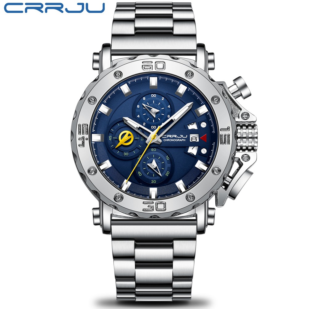 Relogio Masculino CRRJU Sport Chronograph Mens Watches Luxury Brand Full Steel Quartz Watch Waterproof Big Double Watch Men