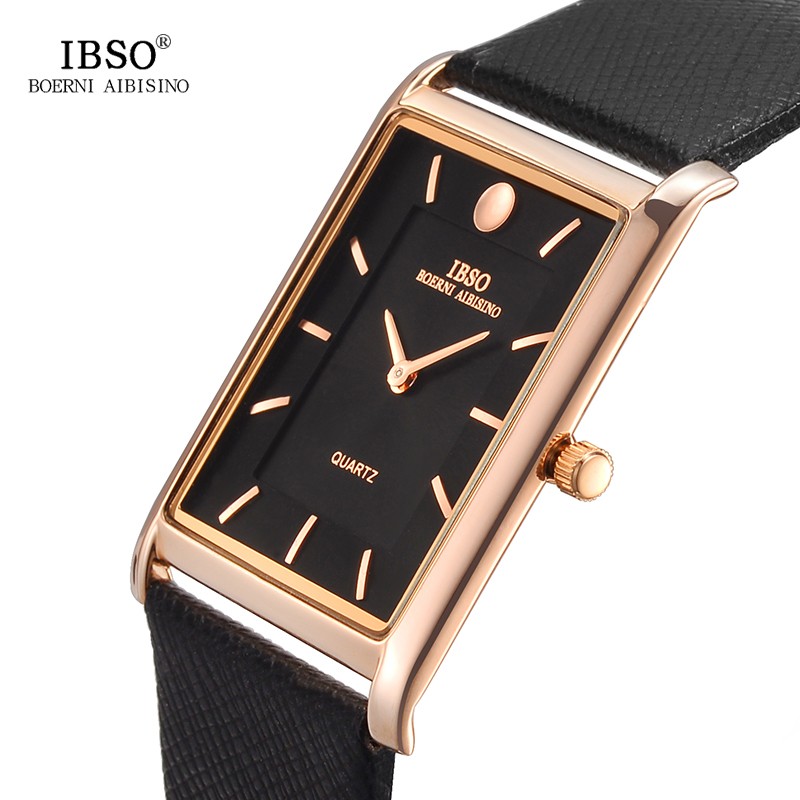 IBSO 7mm Ultra-thin Rectangle Dial Quartz Wristwatch Black Genuine Leather Strap Watch Men Business Classic Men's Quartz Watches