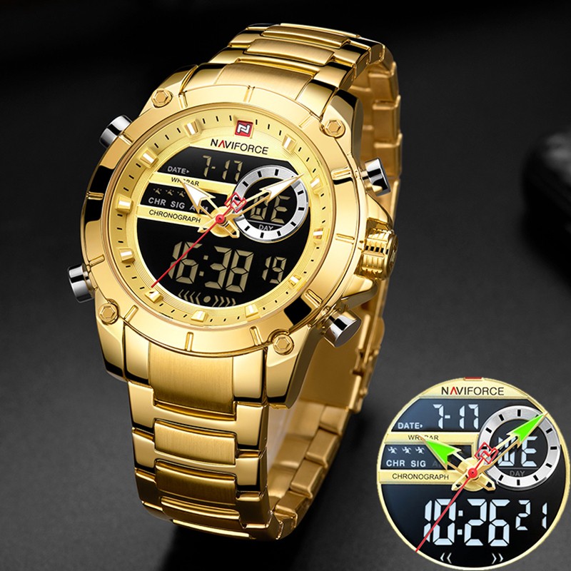 NAVIFORCE Men Military Sports Wrist Watch Gold Quartz Steel Waterproof Dual Display Male Clock Watches Relogio Masculino 9163