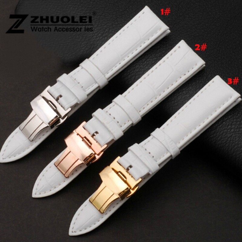 White genuine leather watch band, 14mm, 16mm, 18mm, 20mm, 22mm, rose gold, for women