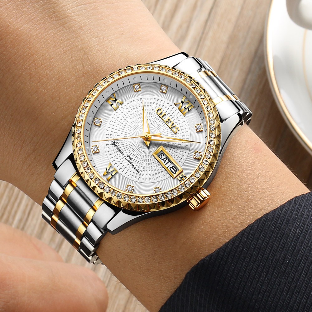 OLEVS Luxury Fashion Men's Quartz Watch Diamond Stainless Steel Watch Waterproof Business Date Sport Men's Watch Exquisite Gift