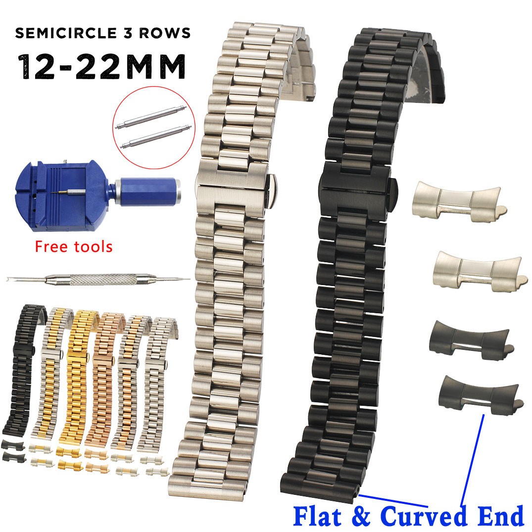 Solid Stainless Steel Watch Band 12mm 13 14 16 17 18mm 19 20mm 21 22mm Replacement Watch Strap 3 Rows Wristband Bracelet w/Tools