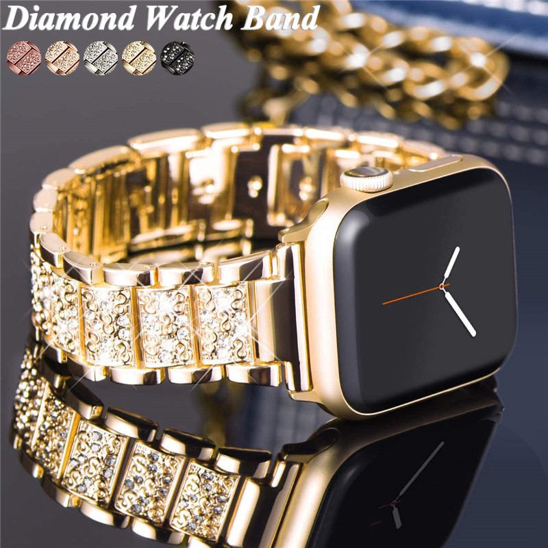 Luxury Diamond Strap for Apple Watch Band Gold 38mm 40mm 41 42 44 45mm Womens Stainless Steel Bracelet for iWatch Series 7/6/543