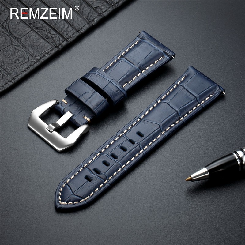 Remz Plaid - Genuine Leather Watch Strap, Blue Watch Strap, Solid Metal Buckle Watch Accessories, 20 22 24 26mm, New