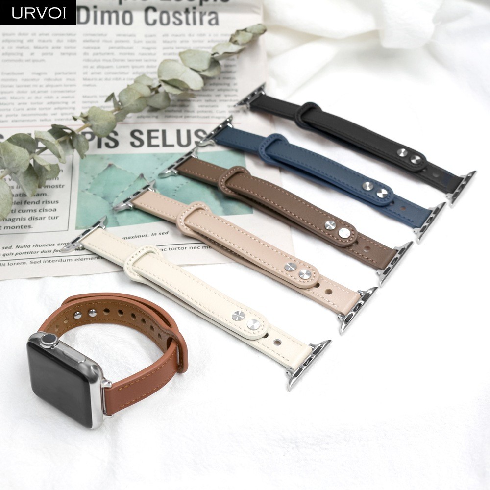 URVOI Strap for Apple Watch Series 7 6 SE 5 4 3 Sport Band Slim Genuine Leather Double Pin Buckle for iWatch Modern Design 40mm