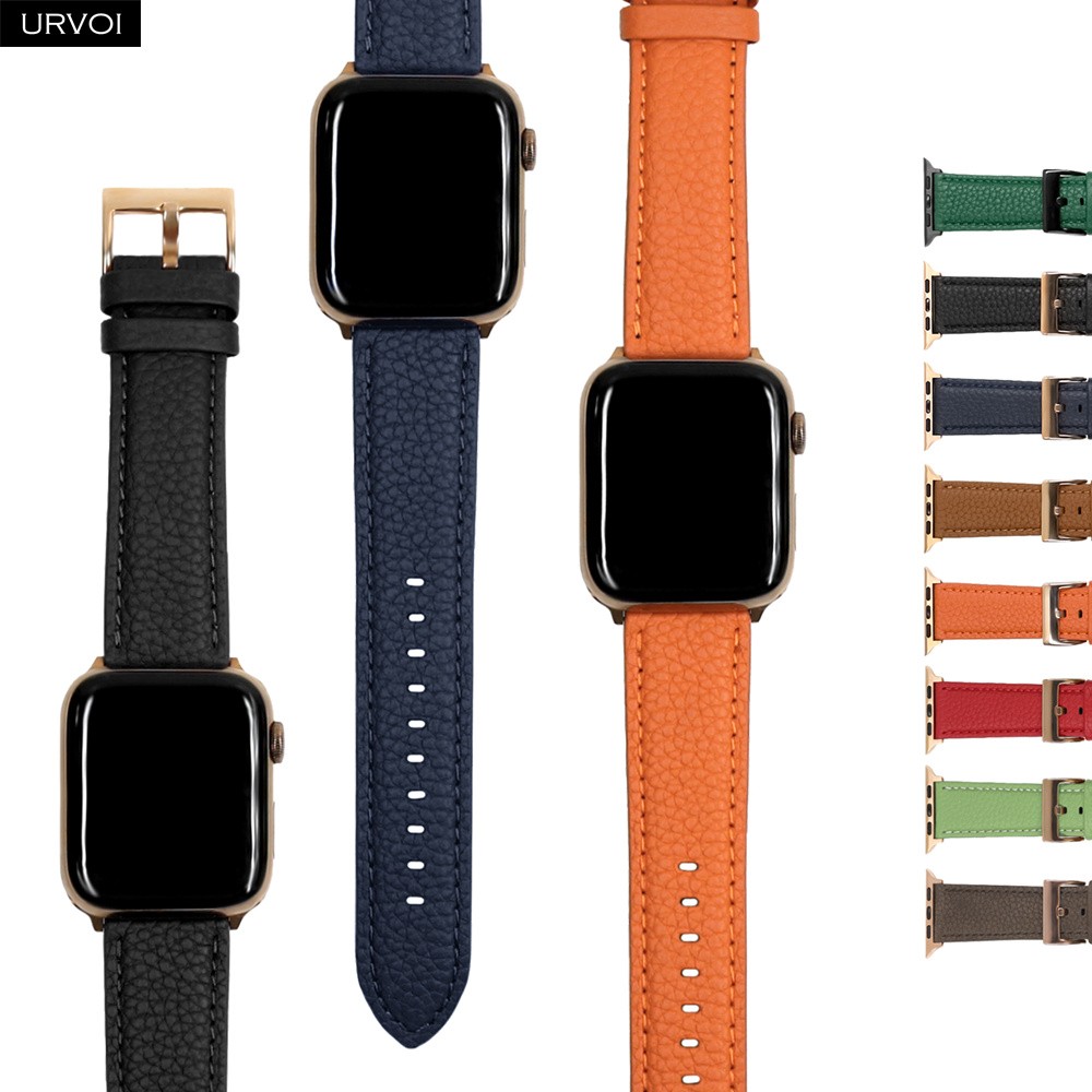 URVOI حزام ل أبل سلسلة ساعة 7 6 SE 5 4 3 2 1 حقيقية الليتشي الحبوب حلقة من جلد ل iWatch الأسود ارتفع الذهب مشبك 40 44 مللي متر