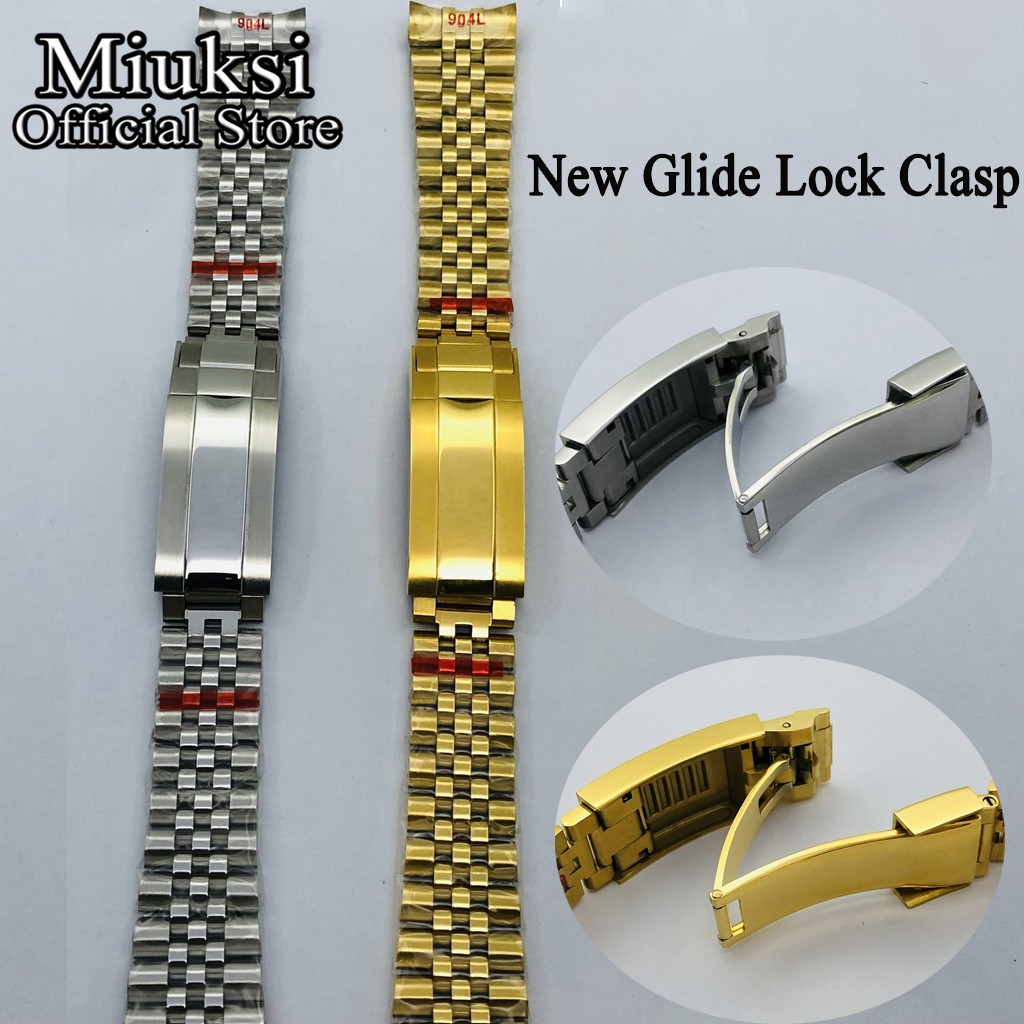 Miuksi 20mm Silver Gold Jubilee Bracelet Slide Glide Lock Clasp 904L Stainless Steel Strap Fit Watch Case Watch Band