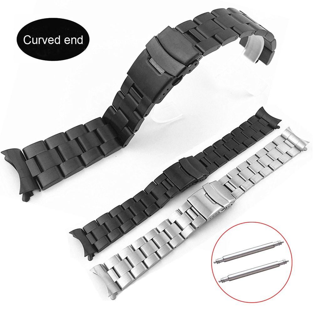 Curved Ends 18mm 20mm 22mm Solid Stainless Steel Watch Band Link Bracelet Wrist Watchband Men Replacement Watch Strap with Pins