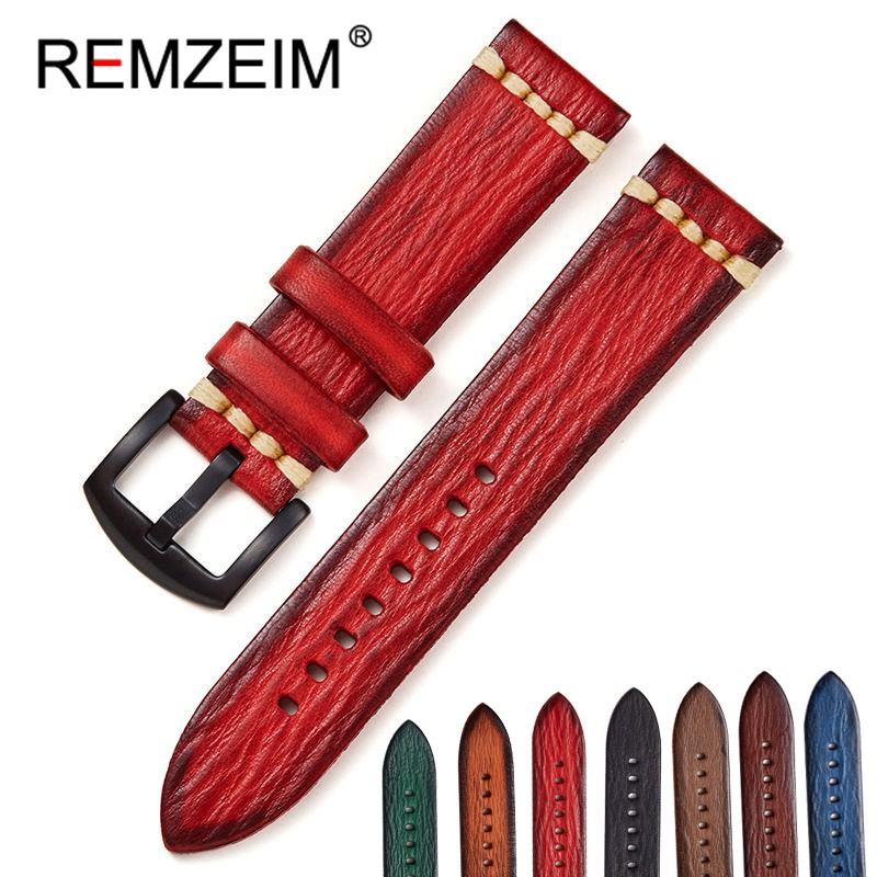 REMZEIM Retro Handmade Genuine Leather Strap Vegetable Tanned Leather Watchband 18 20 22 24mm High Quality Business Watch Band