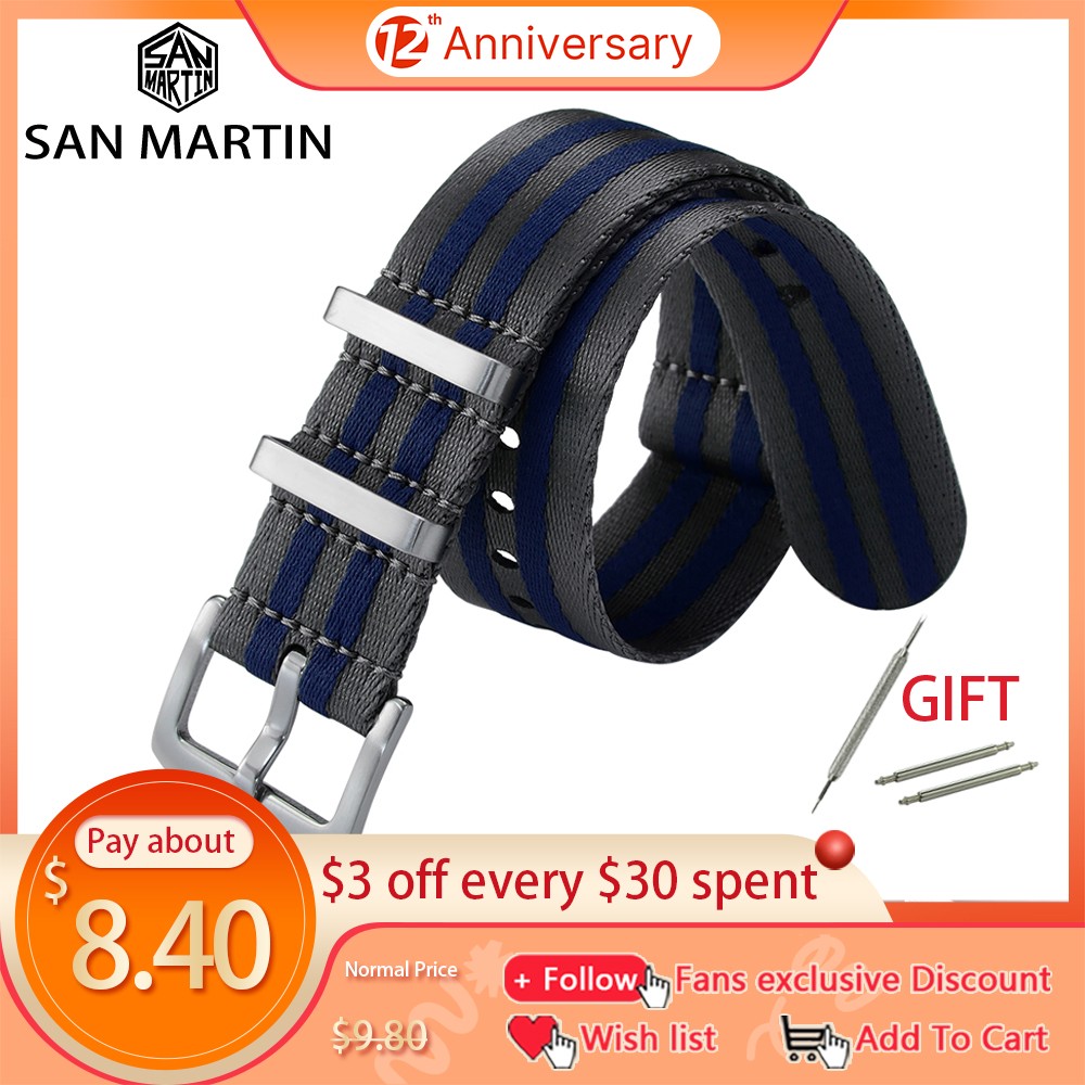 San Martin Watch Strap NATO Nylon Strap 20mm 22mm Universal Type Sports Parachute Troops Bag Watchband Pilot Military Watch Band