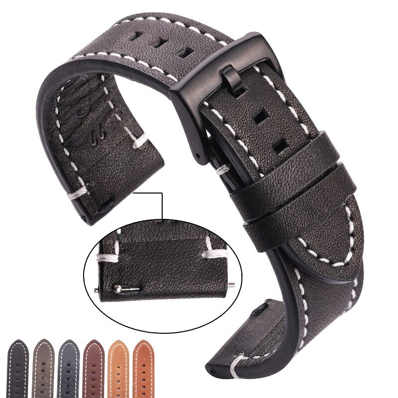 HENGRC - Genuine Cowhide Leather Watch Strap for Men and Women, Thickness 18, 20, 22, 24mm, Handmade, Retro, with Metal Buckles