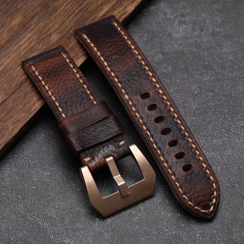 Men's watch with leather strap, brown and red, retro buckle, 20 22 24 26 mm, suitable for wristwatch