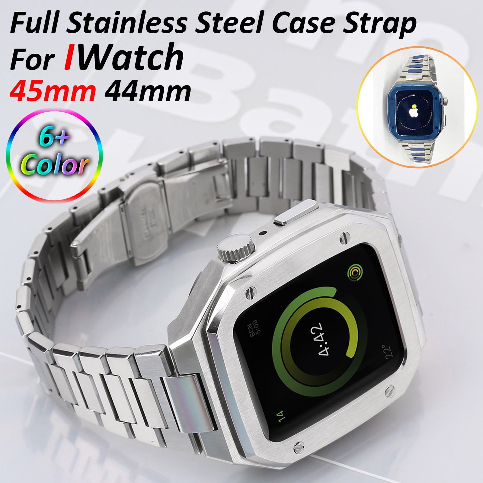 Metal Case for Apple Watch 45mm 44mm 7 6 SE 5 4 Stainless Steel Mod for IWatch 45mm 44mm Luxury Steel Case and Band DIY MOD Kit