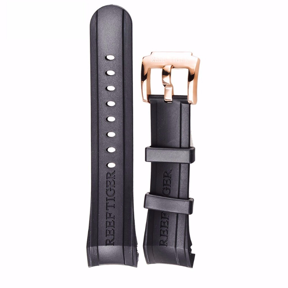 Reef Tiger Rubber Watch Strap, 29 cm, Black, with Tang Buckle for Aurora Clasps and Adapter